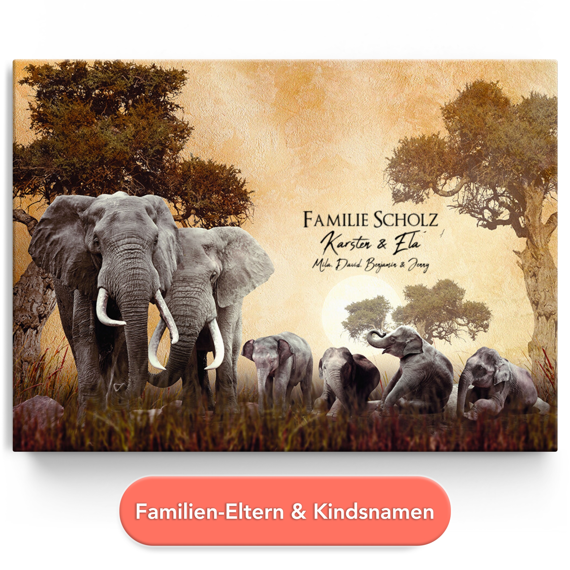 Personalisiertes Leinwandbild Elefantenfamilie