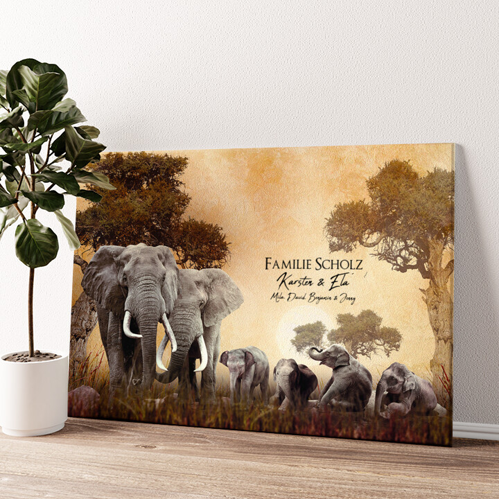 Leinwandbild personalisiert Elefantenfamilie