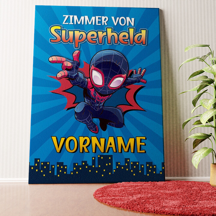Superheld mit Netz Blau Wandbild personalisiert