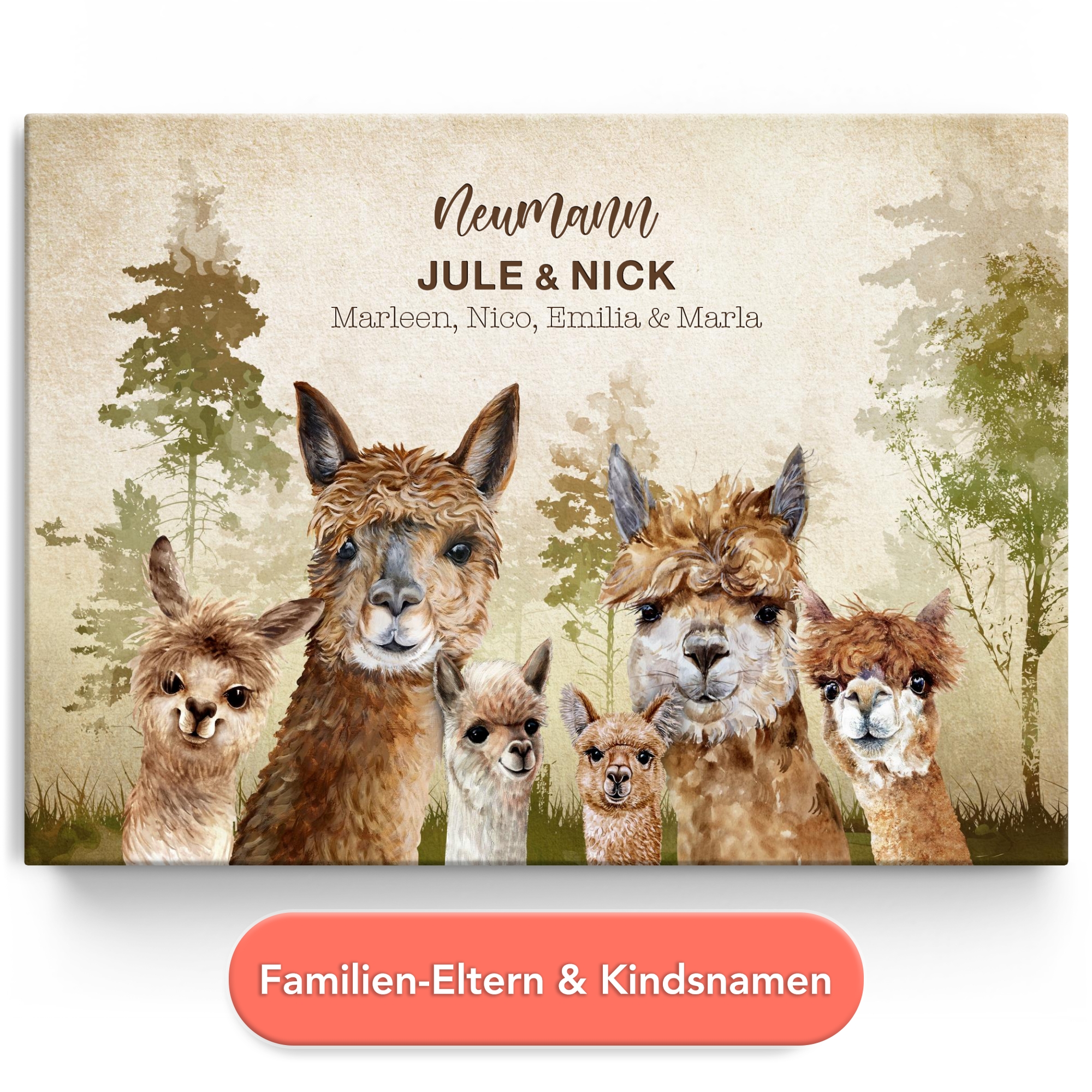 Personalisiertes Leinwandbild Alpacafamilie