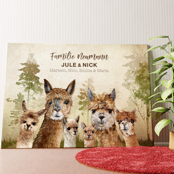 Alpacafamilie Wandbild personalisiert