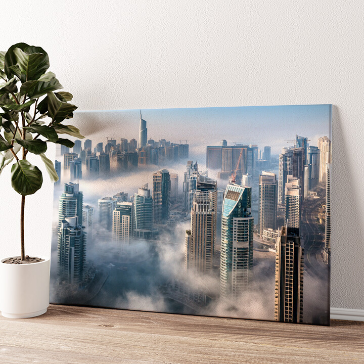 Leinwandbild personalisiert Dubai Skyline Nebel