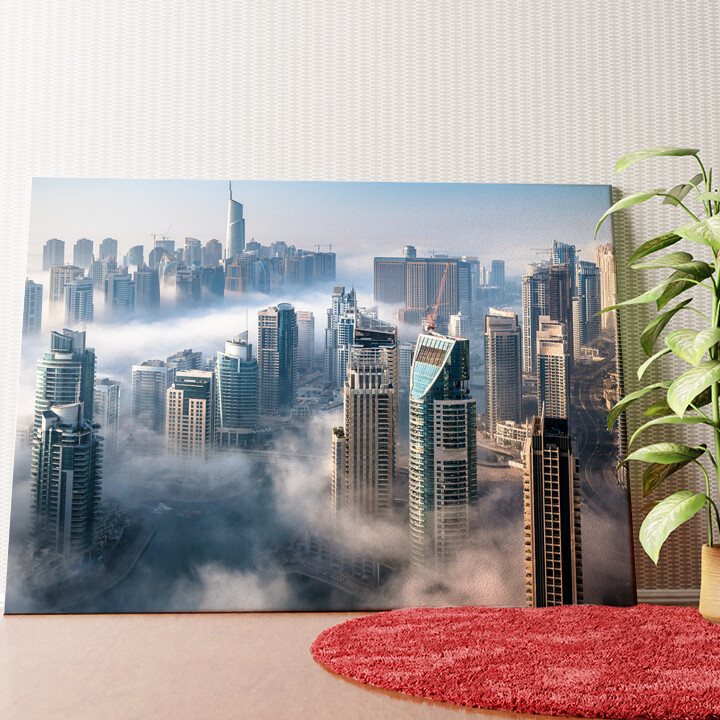 Dubai Skyline Nebel Wandbild personalisiert