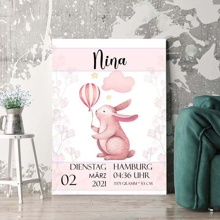 Personalisiertes Wandbild Leinwand zur Geburt Hase mit Ballon