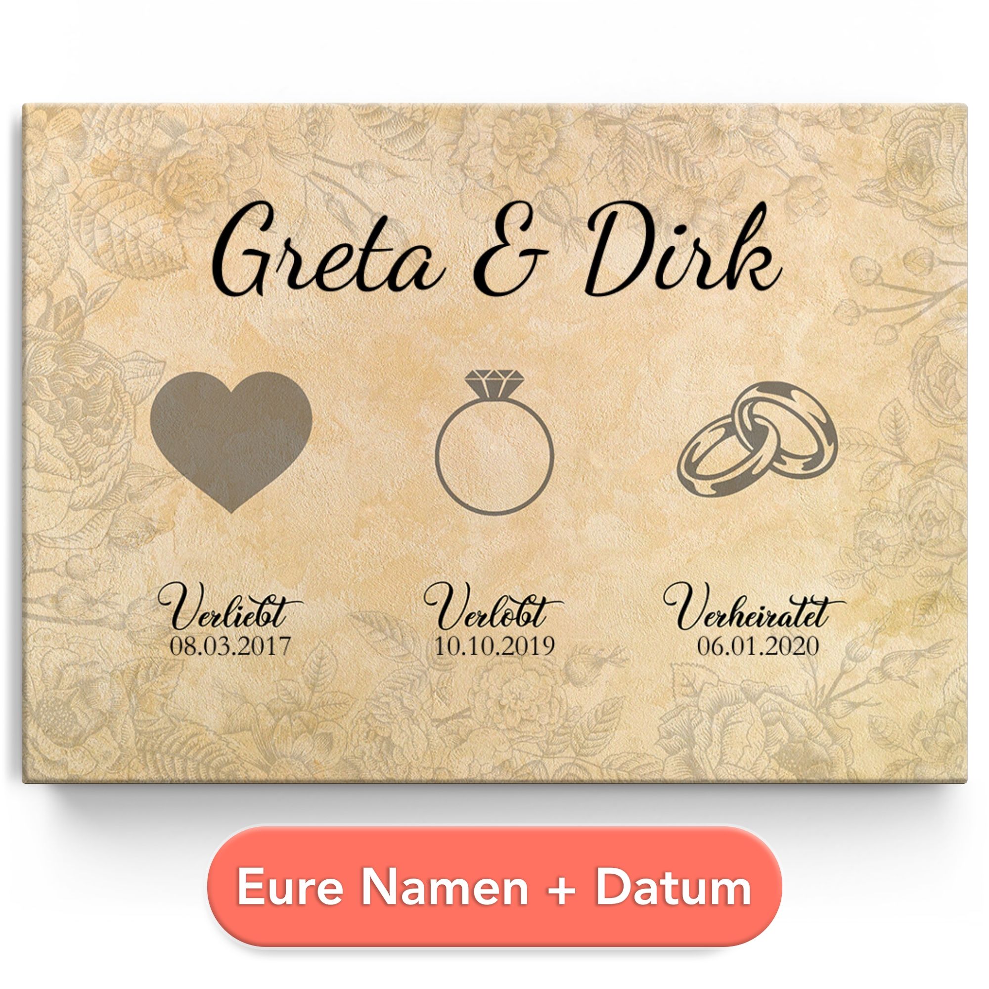 Personalisiertes Leinwandbild Verliebt Verlobt Verheiratet