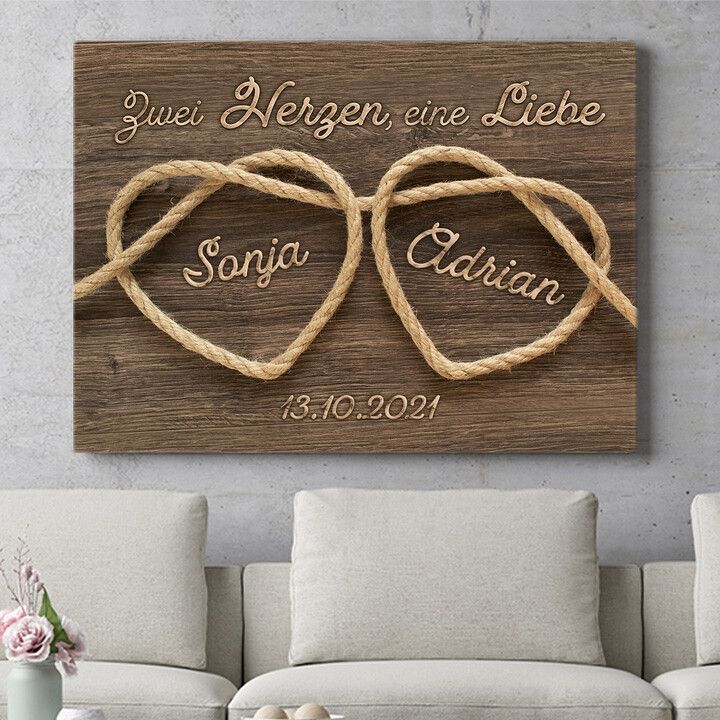 Personalisiertes Wandbild Verknüpfte Herzen