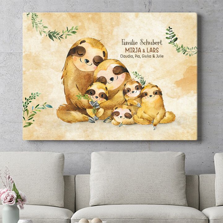 Personalisiertes Wandbild Faultierfamilie