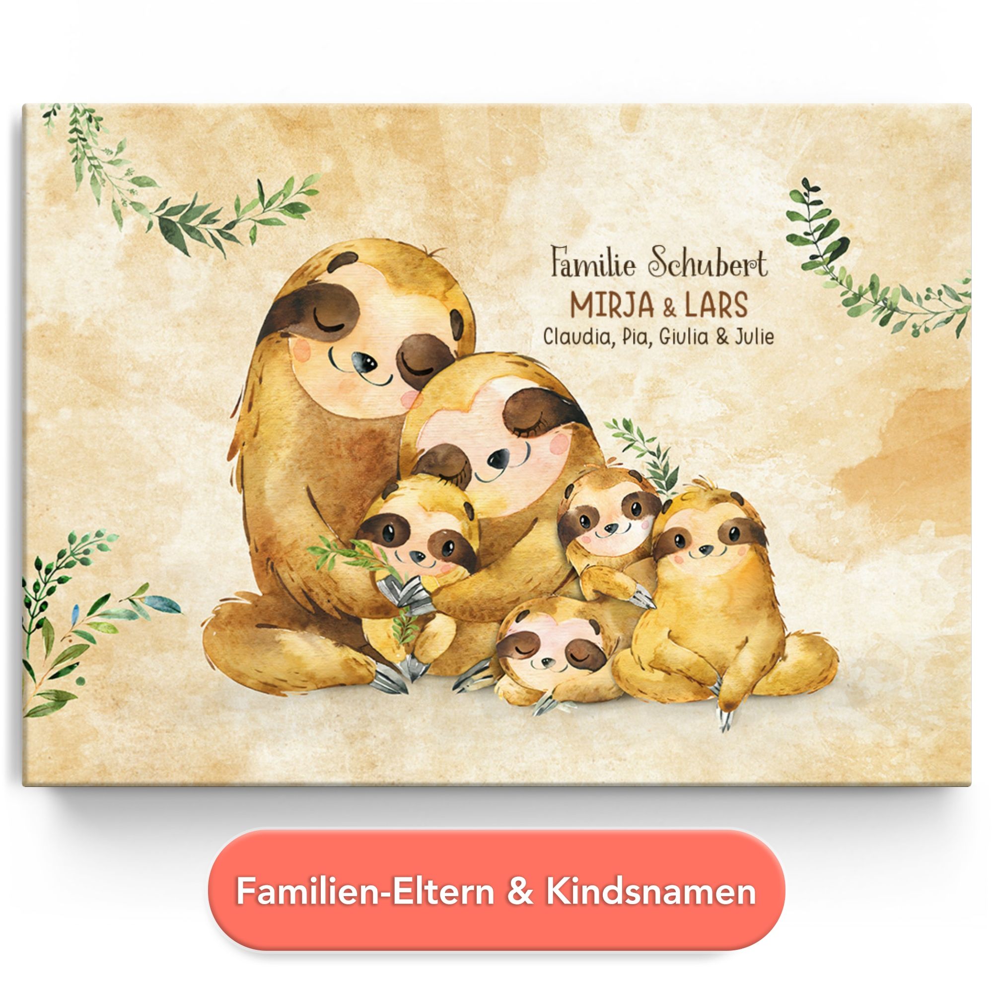 Personalisiertes Leinwandbild Faultierfamilie