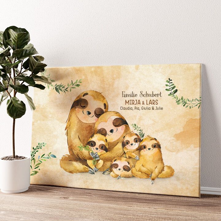 Leinwandbild personalisiert Faultierfamilie