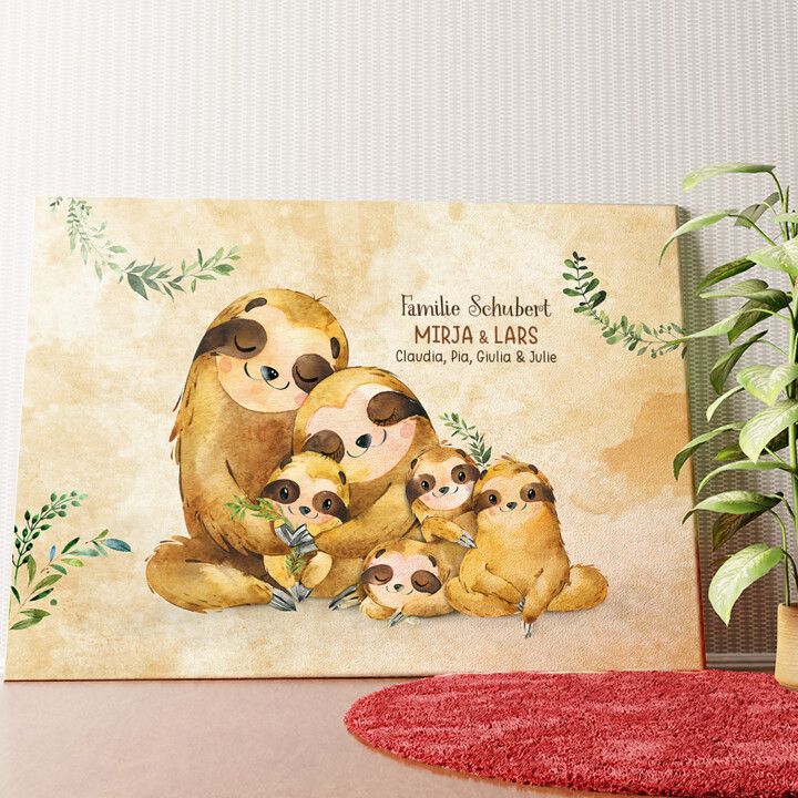 Faultierfamilie Wandbild personalisiert