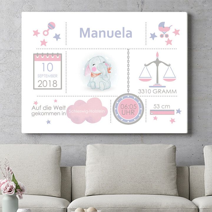 Personalisiertes Wandbild Baby Leinwand Elefant