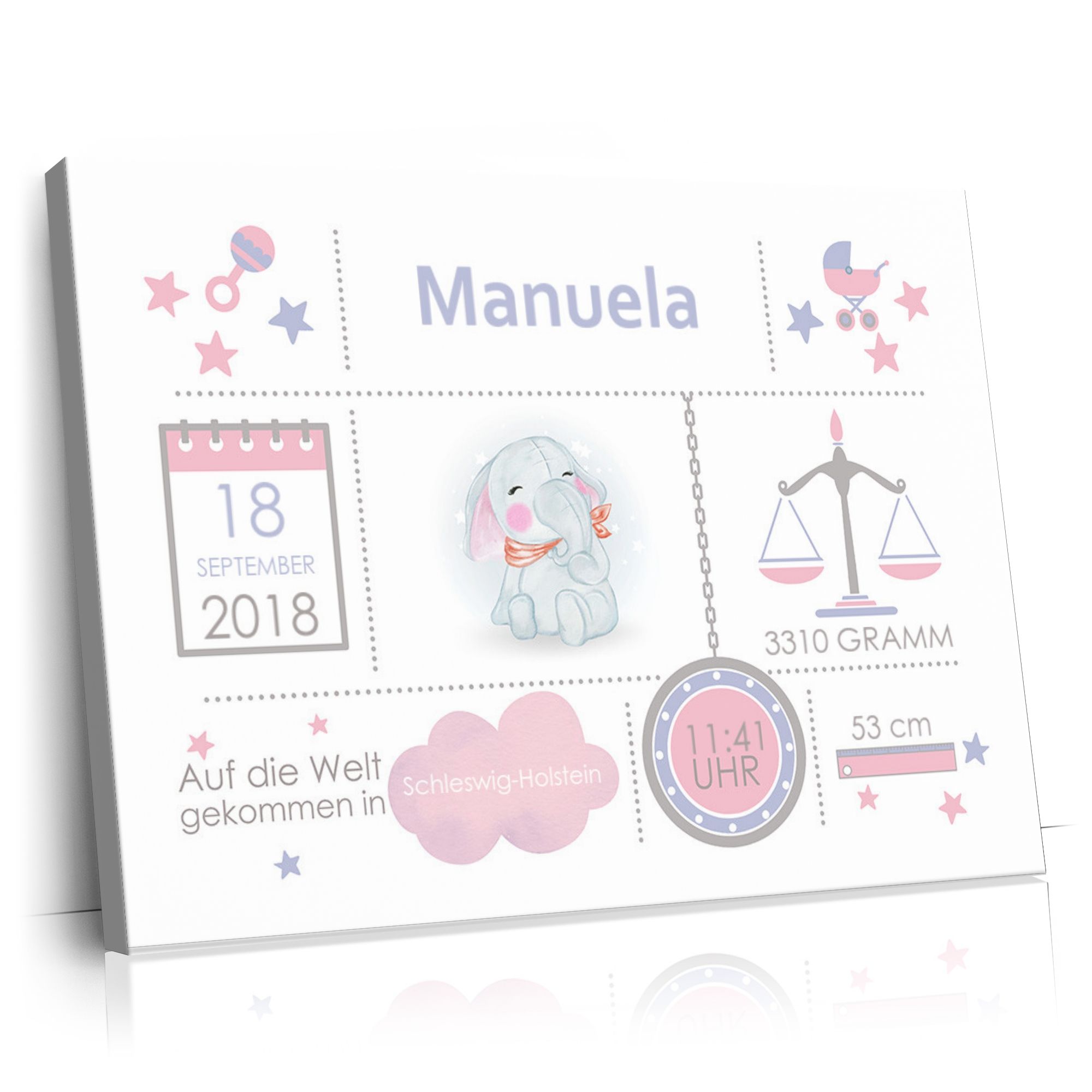 Personalisierbares Geschenk Baby Leinwand Elefant