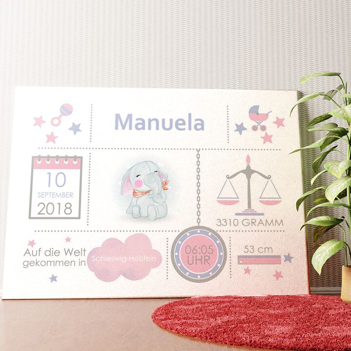 Baby Leinwand Elefant Wandbild personalisiert