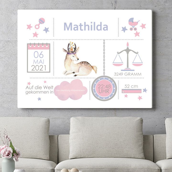 Personalisiertes Wandbild Baby Leinwand Rehkitz