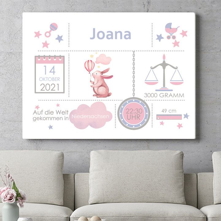 Personalisiertes Wandbild Baby Leinwand Hase mit Ballon