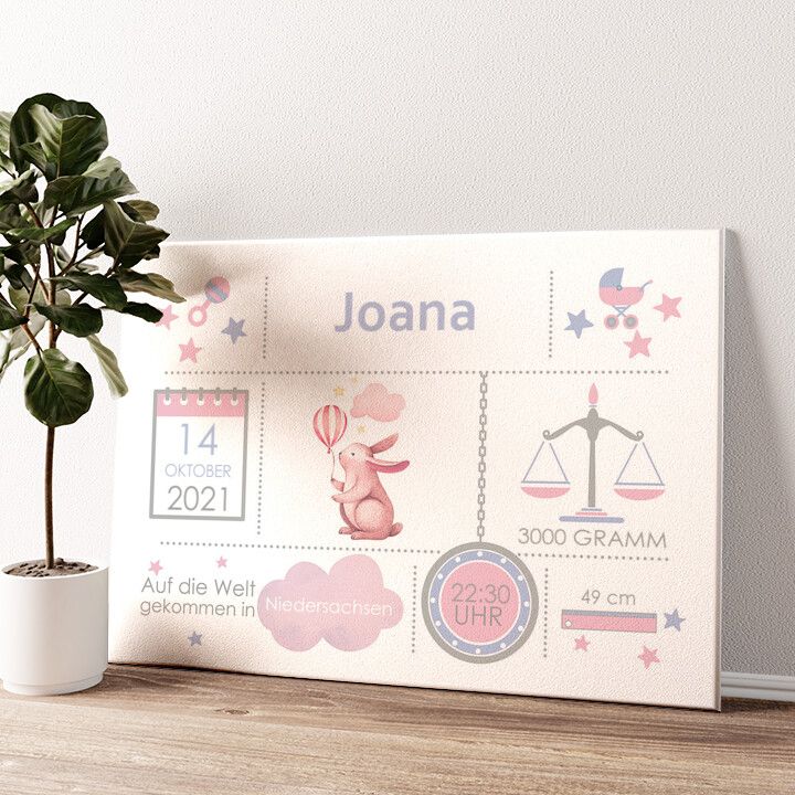 Leinwandbild personalisiert Baby Leinwand Hase mit Ballon