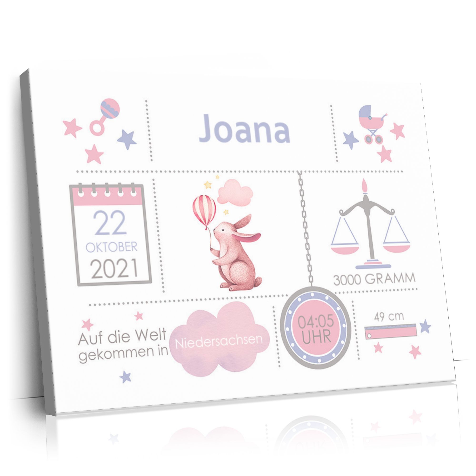 Personalisierbares Geschenk Baby Leinwand Hase mit Ballon