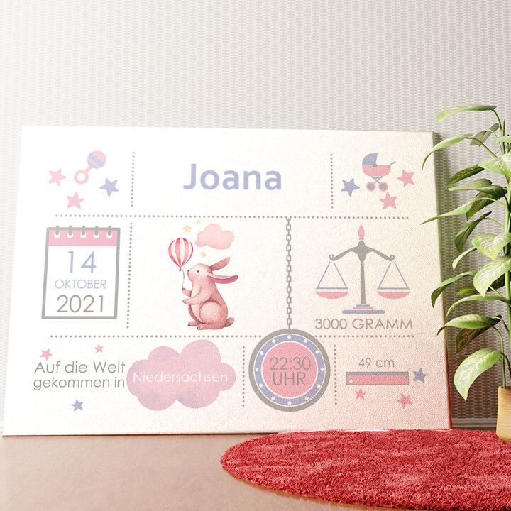Baby Leinwand Hase mit Ballon Wandbild personalisiert