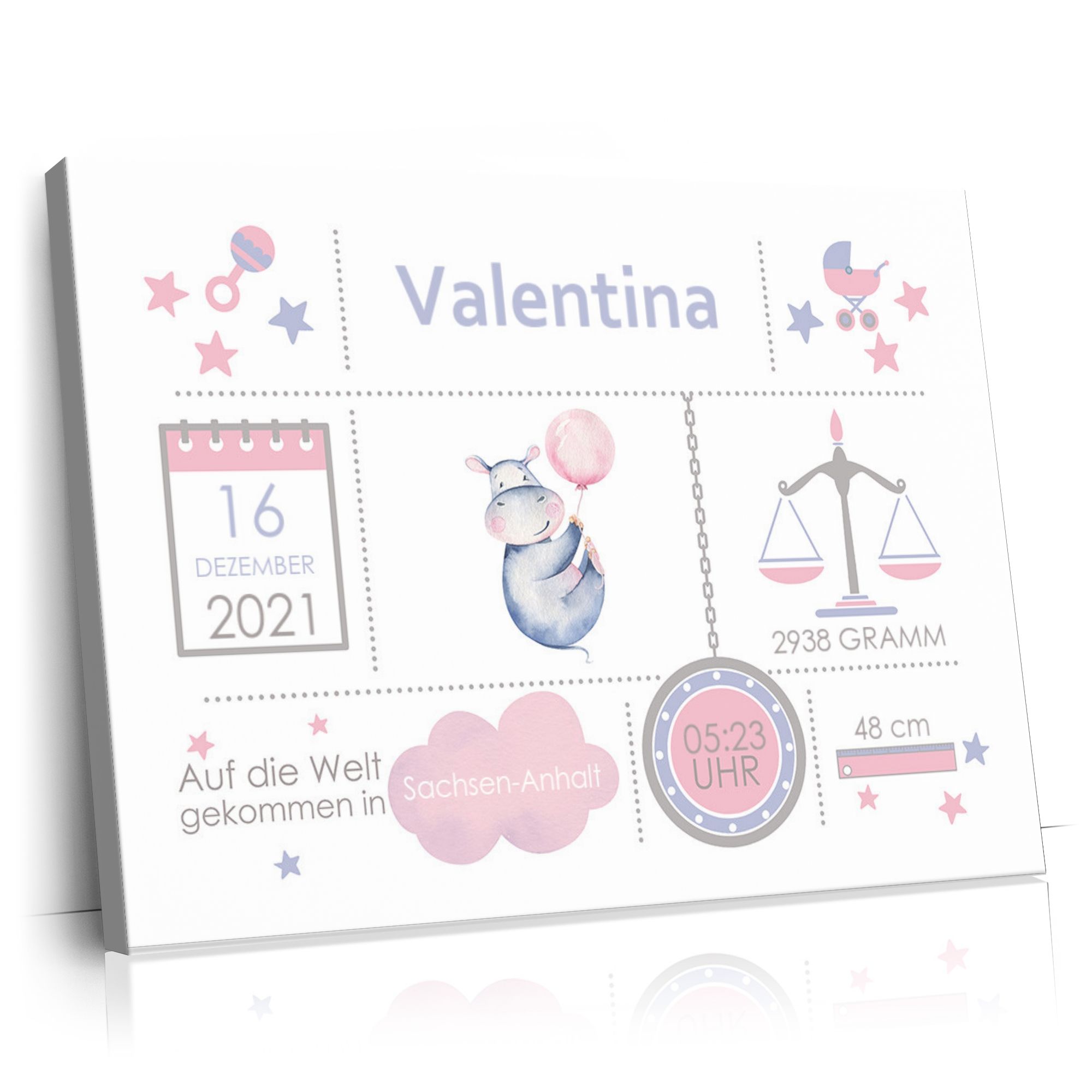 Personalisierbares Geschenk Baby Leinwand Nilpferd
