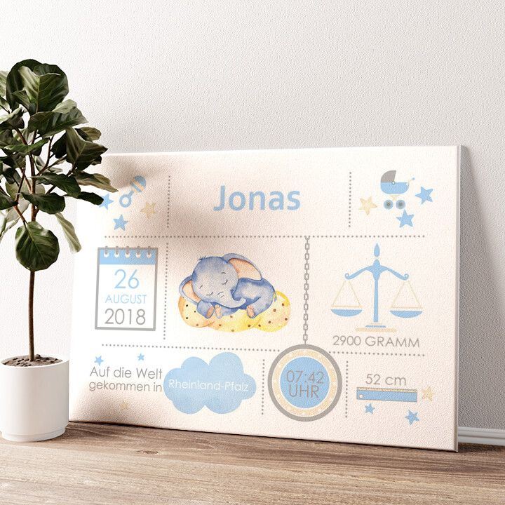 Leinwandbild personalisiert Baby Leinwand Elefant träumt