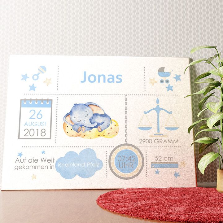 Baby Leinwand Elefant träumt Wandbild personalisiert