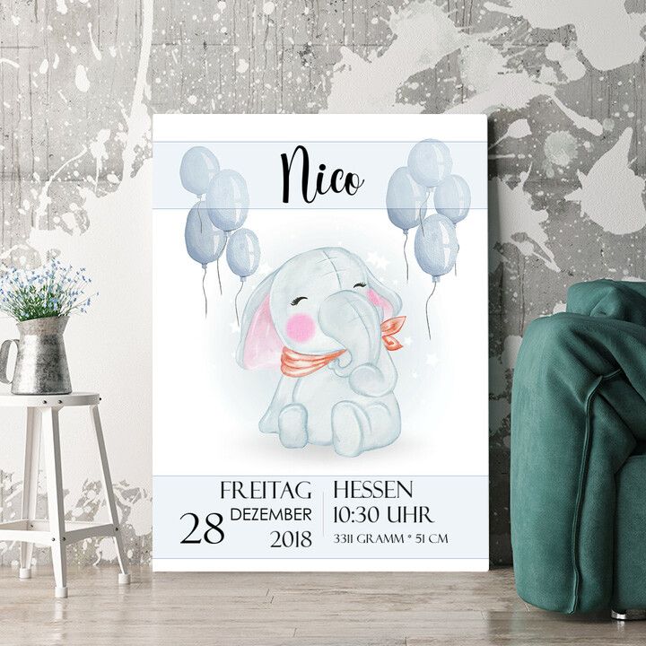 Personalisiertes Wandbild Leinwand zur Geburt Elefant