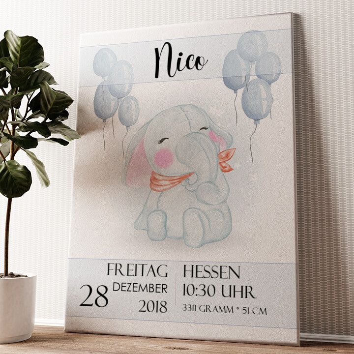 Leinwandbild personalisiert Leinwand zur Geburt Elefant