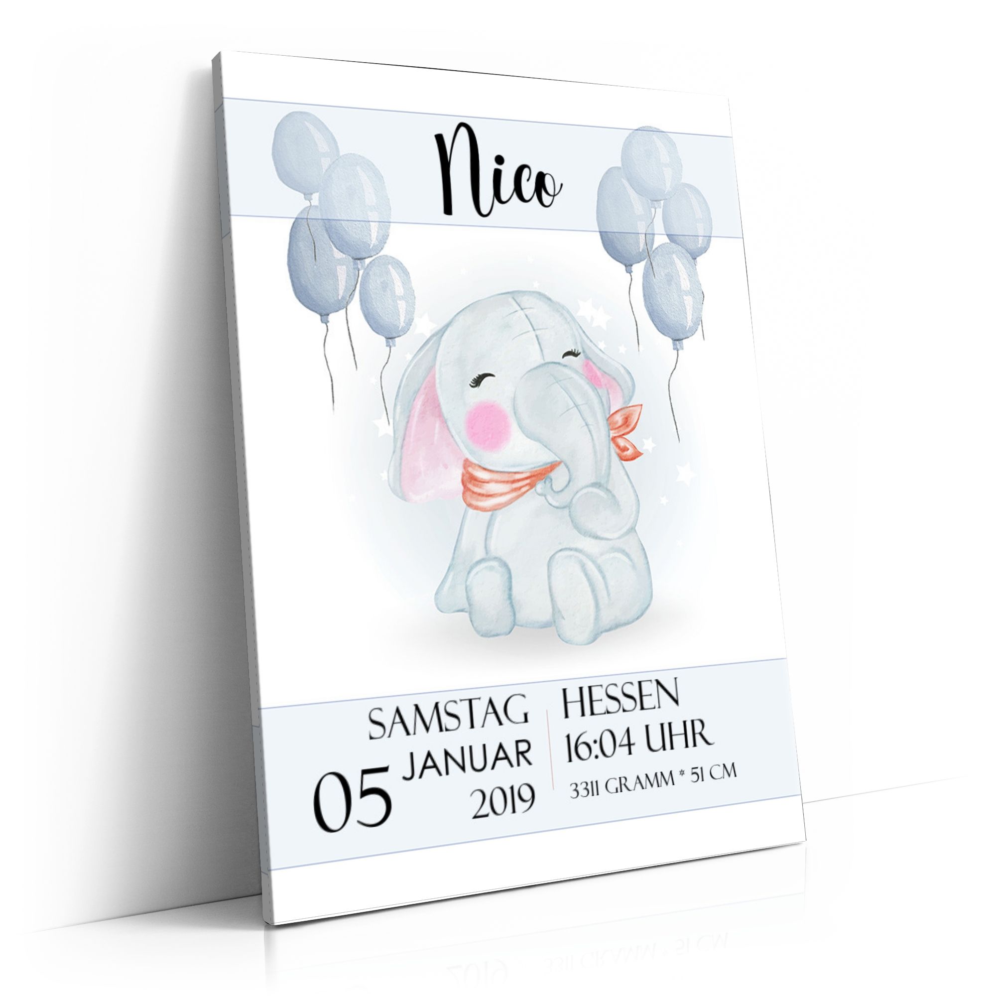 Personalisierbares Geschenk Leinwand zur Geburt Elefant