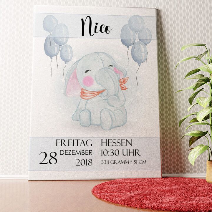 Leinwand zur Geburt Elefant Wandbild personalisiert