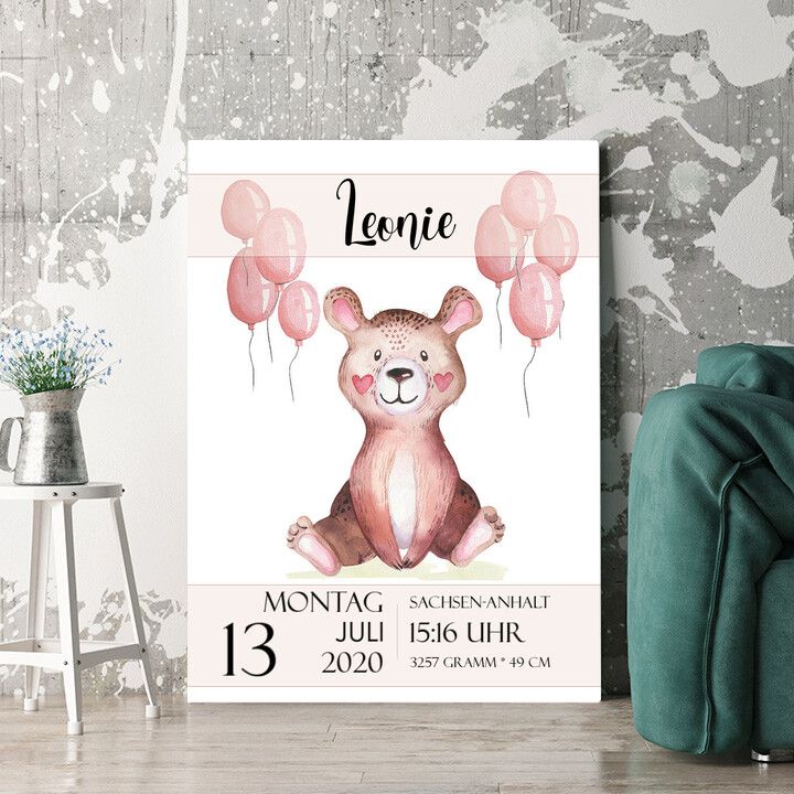 Personalisiertes Wandbild Leinwand zur Geburt Teddybär
