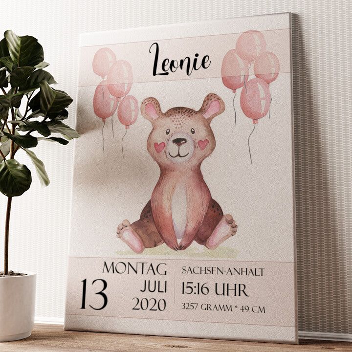 Leinwandbild personalisiert Leinwand zur Geburt Teddybär