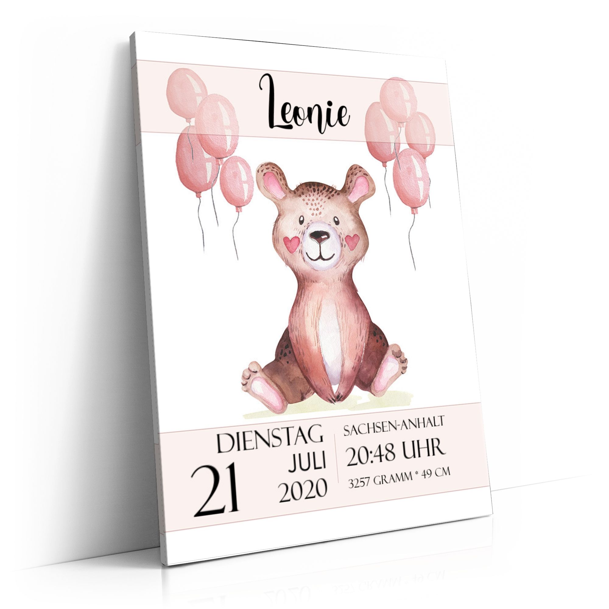 Personalisierbares Geschenk Leinwand zur Geburt Teddybär