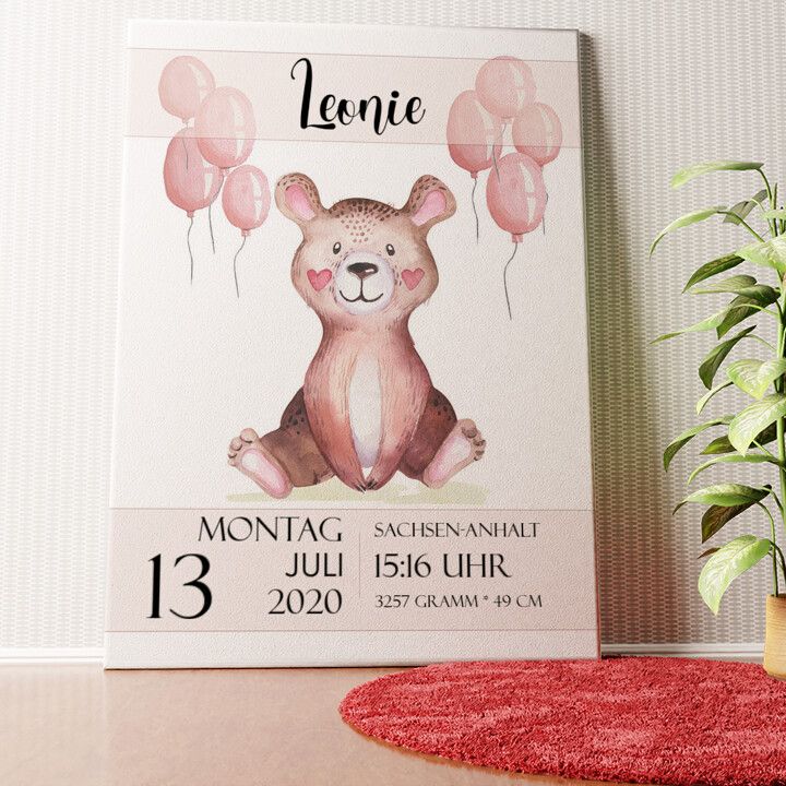 Leinwand zur Geburt Teddybär Wandbild personalisiert