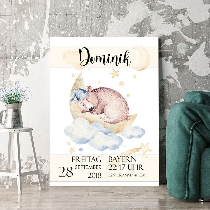 Personalisiertes Wandbild Leinwand zur Geburt Bär träumt