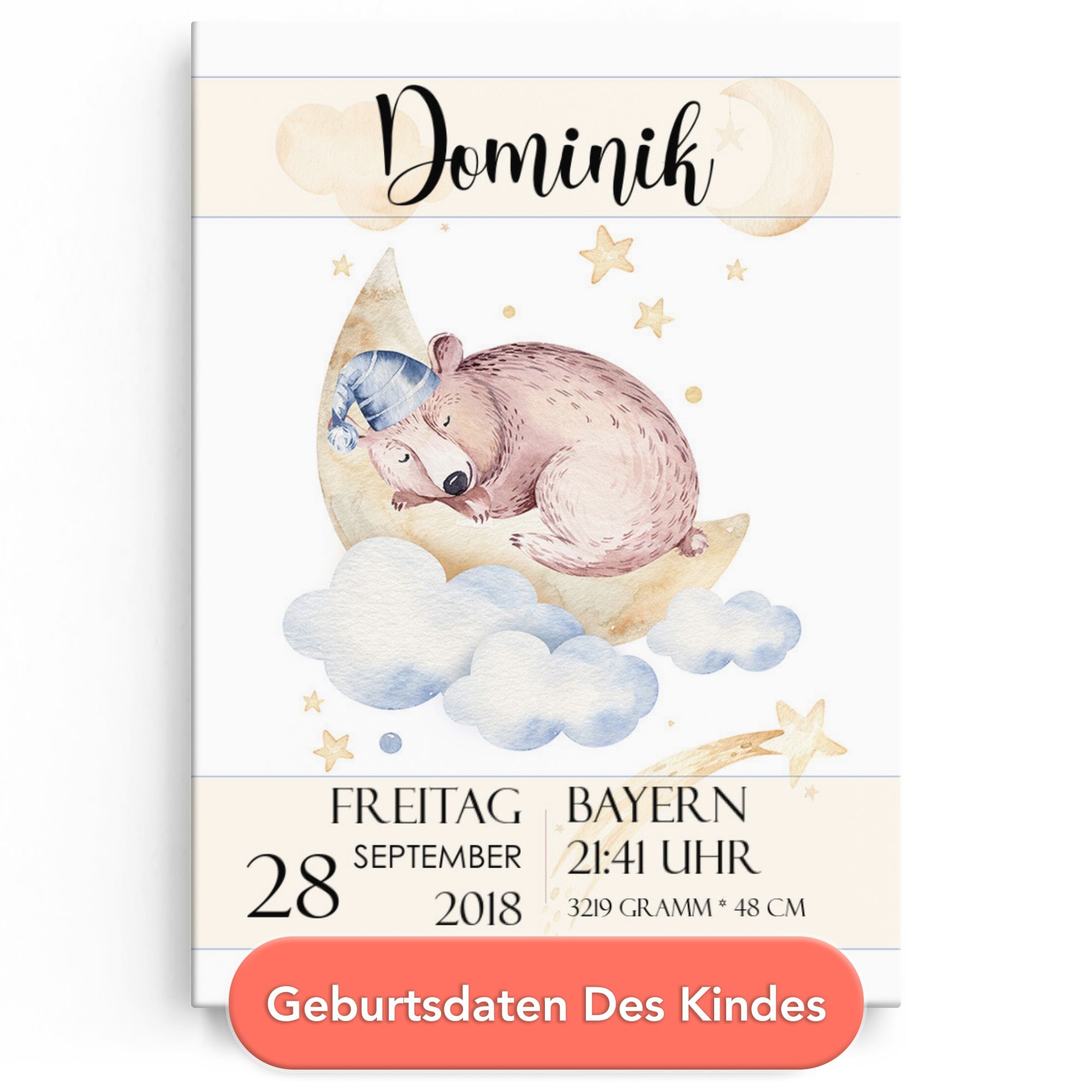 Personalisiertes Leinwandbild Leinwand zur Geburt Bär träumt