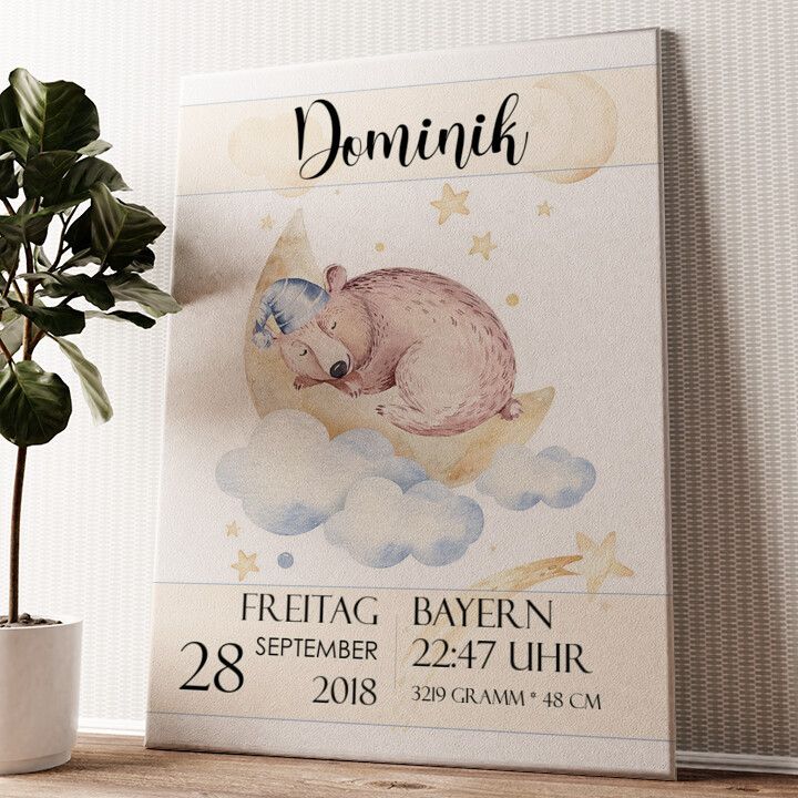 Leinwandbild personalisiert Leinwand zur Geburt Bär träumt