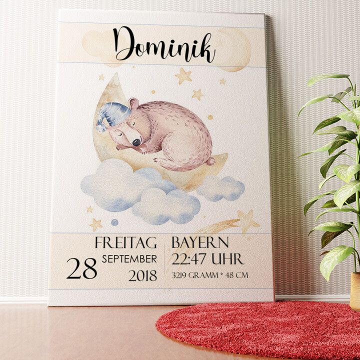 Leinwand zur Geburt Bär träumt Wandbild personalisiert