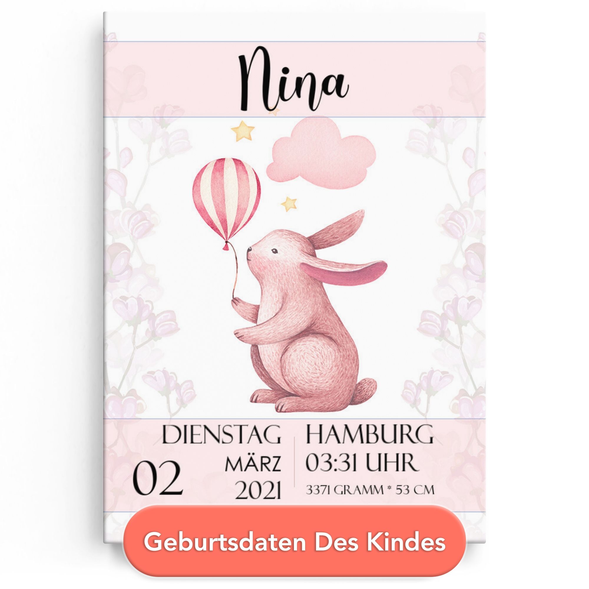 Personalisiertes Leinwandbild Leinwand zur Geburt Hase mit Ballon