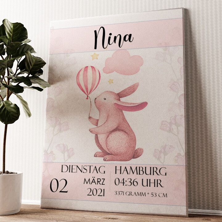 Leinwandbild personalisiert Leinwand zur Geburt Hase mit Ballon