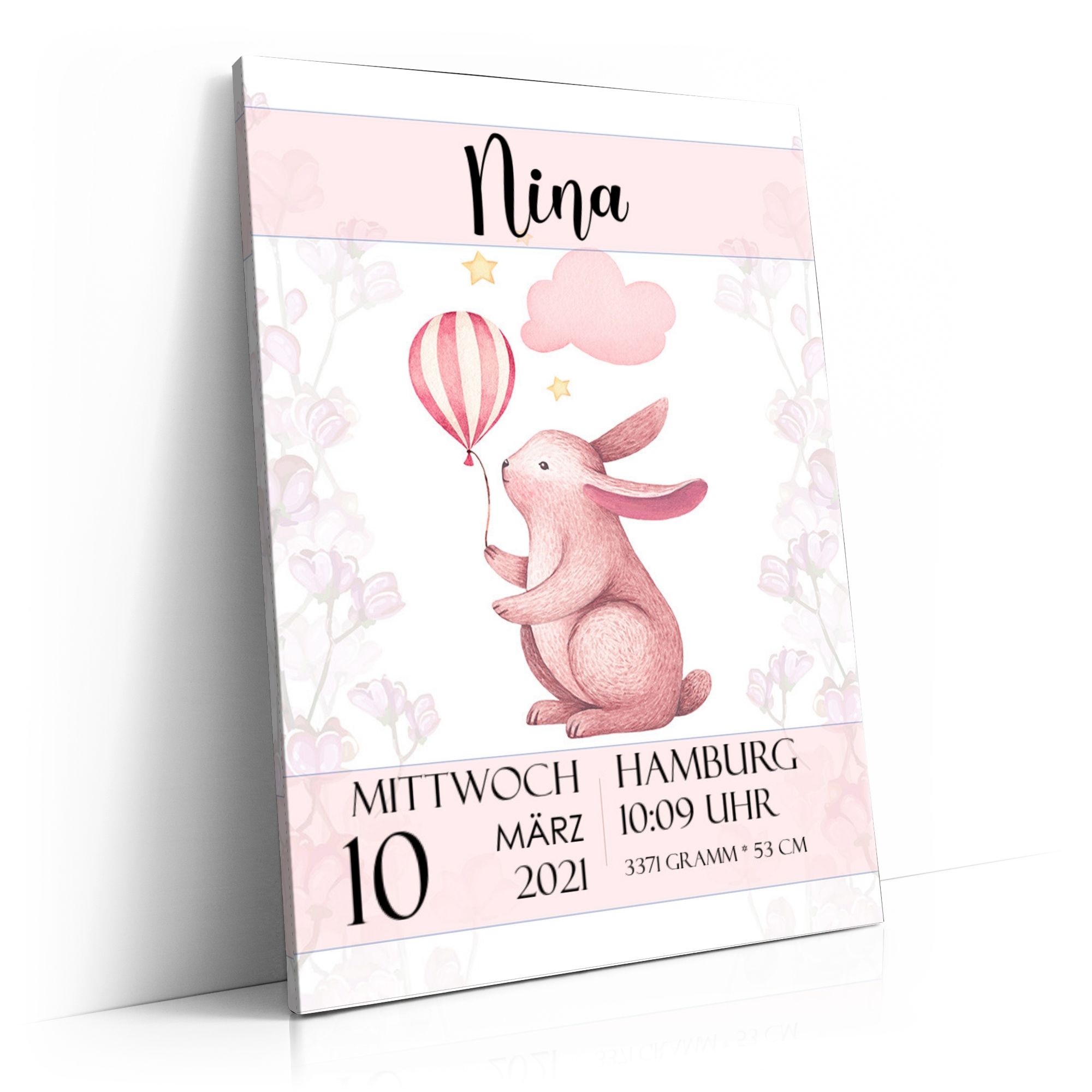 Personalisierbares Geschenk Leinwand zur Geburt Hase mit Ballon
