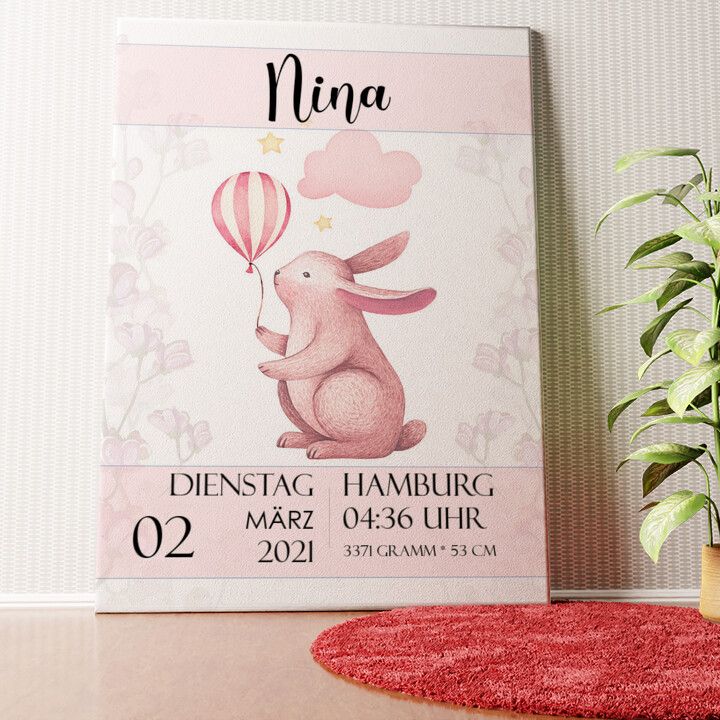 Leinwand zur Geburt Hase mit Ballon Wandbild personalisiert