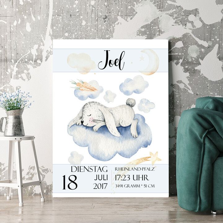Personalisiertes Wandbild Leinwand zur Geburt Hase träumt