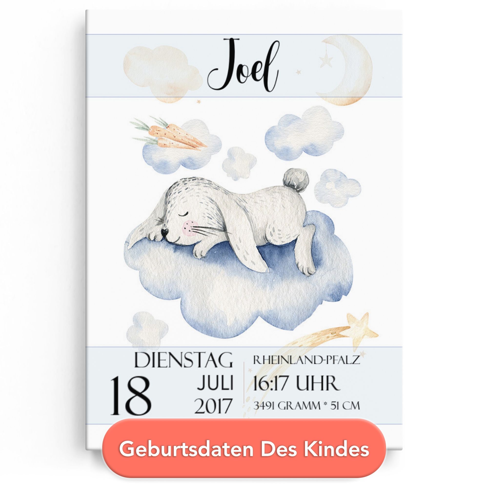 Personalisiertes Leinwandbild Leinwand zur Geburt Hase träumt
