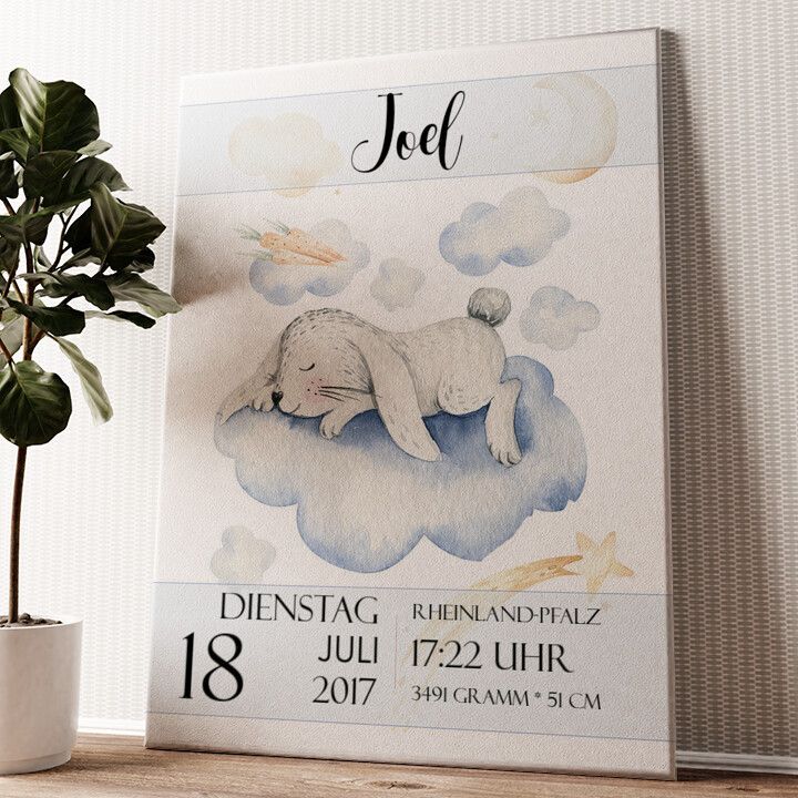 Leinwandbild personalisiert Leinwand zur Geburt Hase träumt