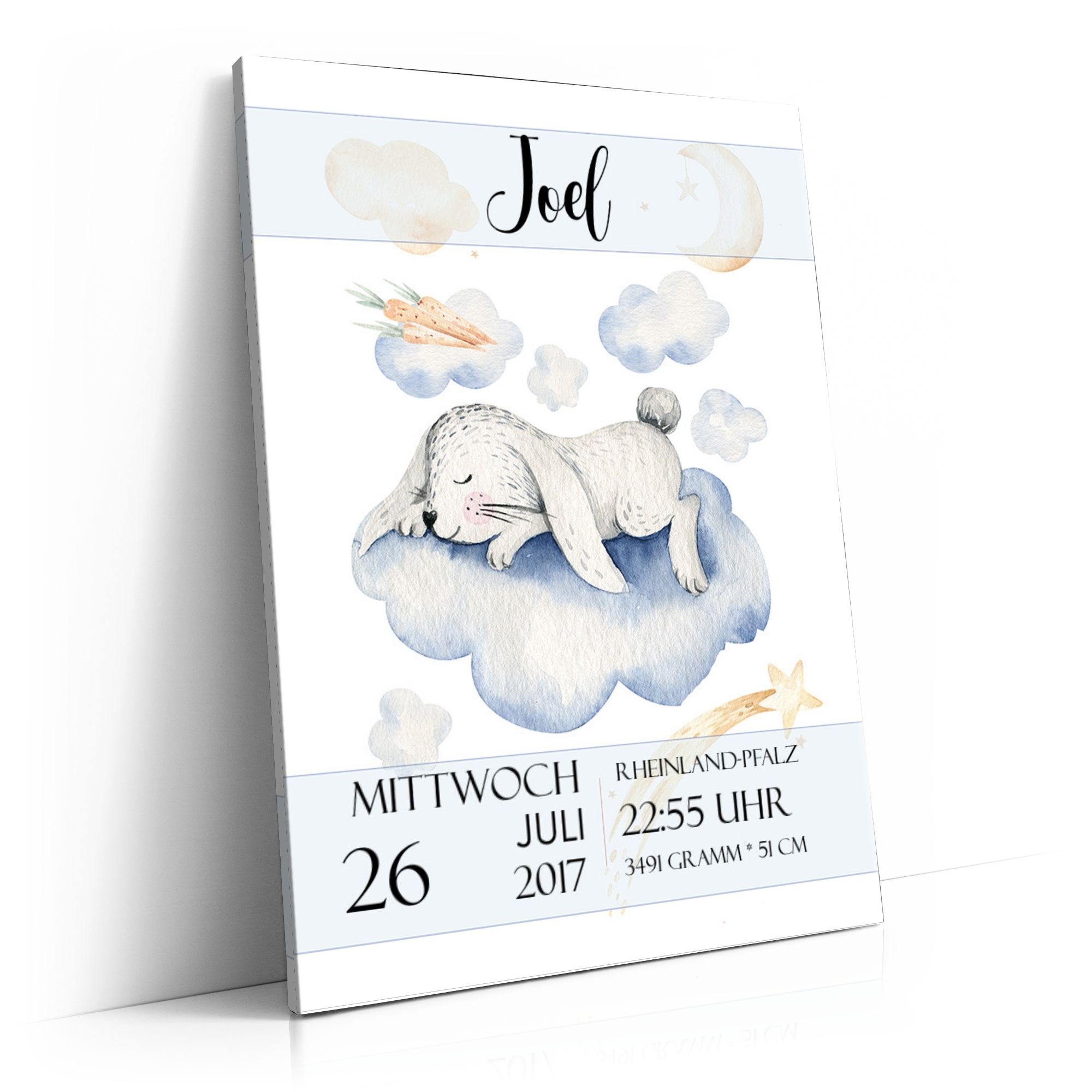 Personalisierbares Geschenk Leinwand zur Geburt Hase träumt