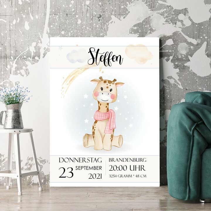 Personalisiertes Wandbild Leinwand zur Geburt Giraffe