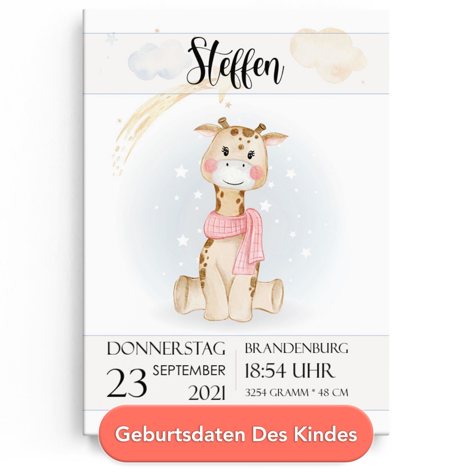 Leinwand zur Geburt Giraffe
