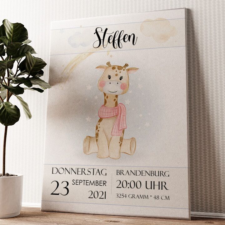 Leinwandbild personalisiert Leinwand zur Geburt Giraffe