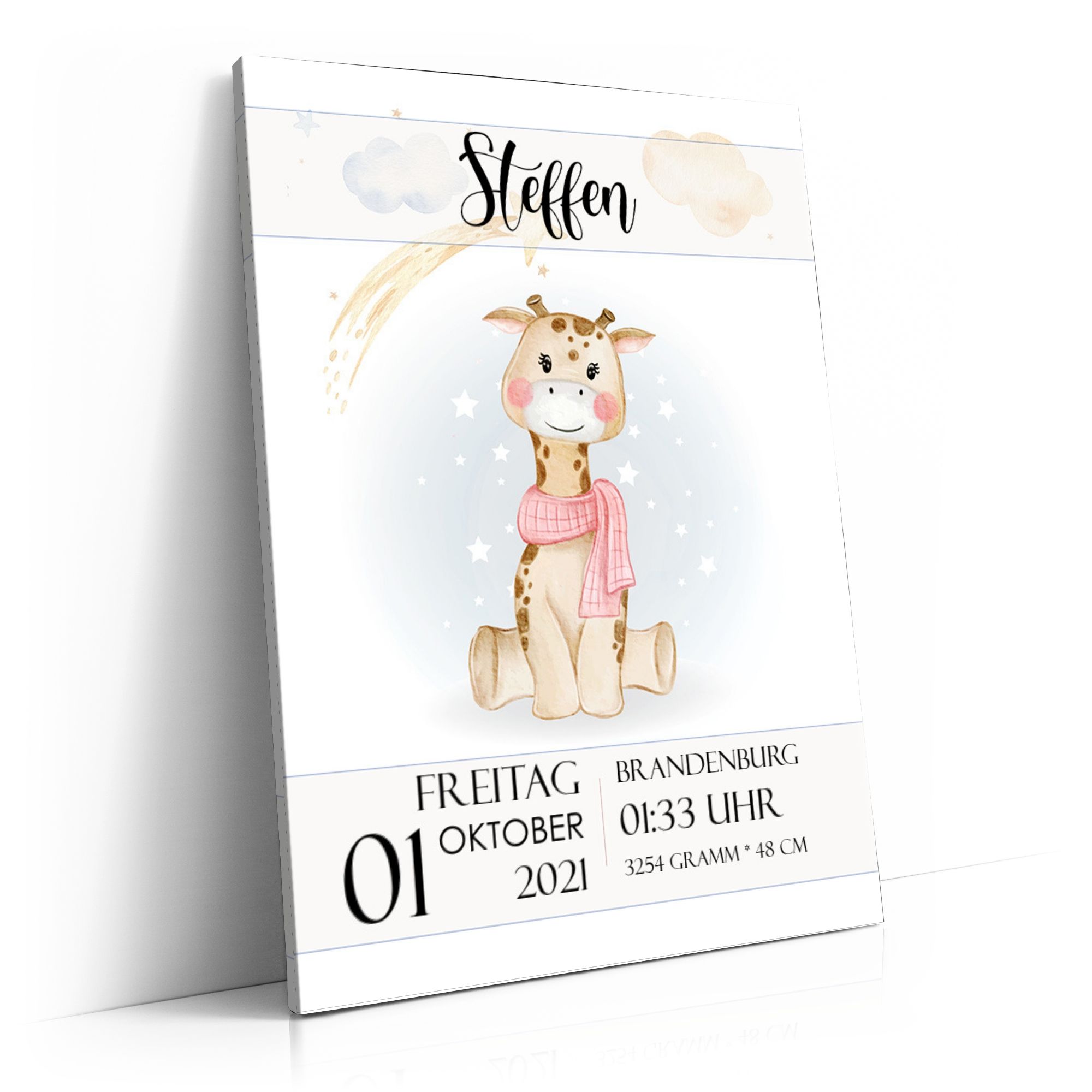Personalisierbares Geschenk Leinwand zur Geburt Giraffe