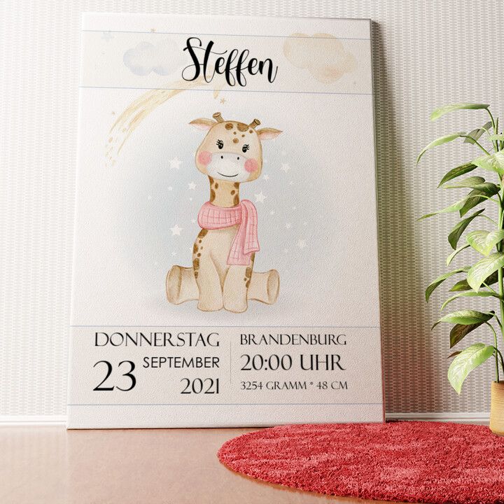 Leinwand zur Geburt Giraffe Wandbild personalisiert